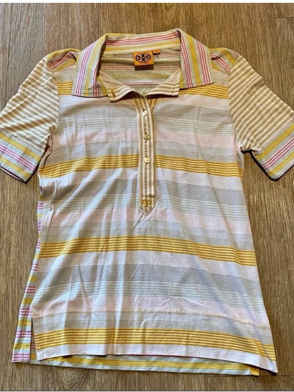 Tory Burch Pastel Striped Polo in Yellow, Pink & Light Blue sz large READ